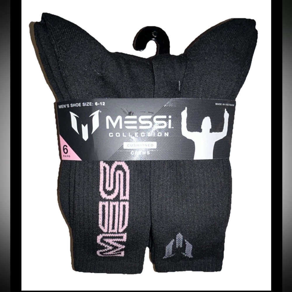 Messi Cushioned Crew Socks 6 Pair Men 6-12 Wmn 10-13 Black w Mix Logo NEW Lionel